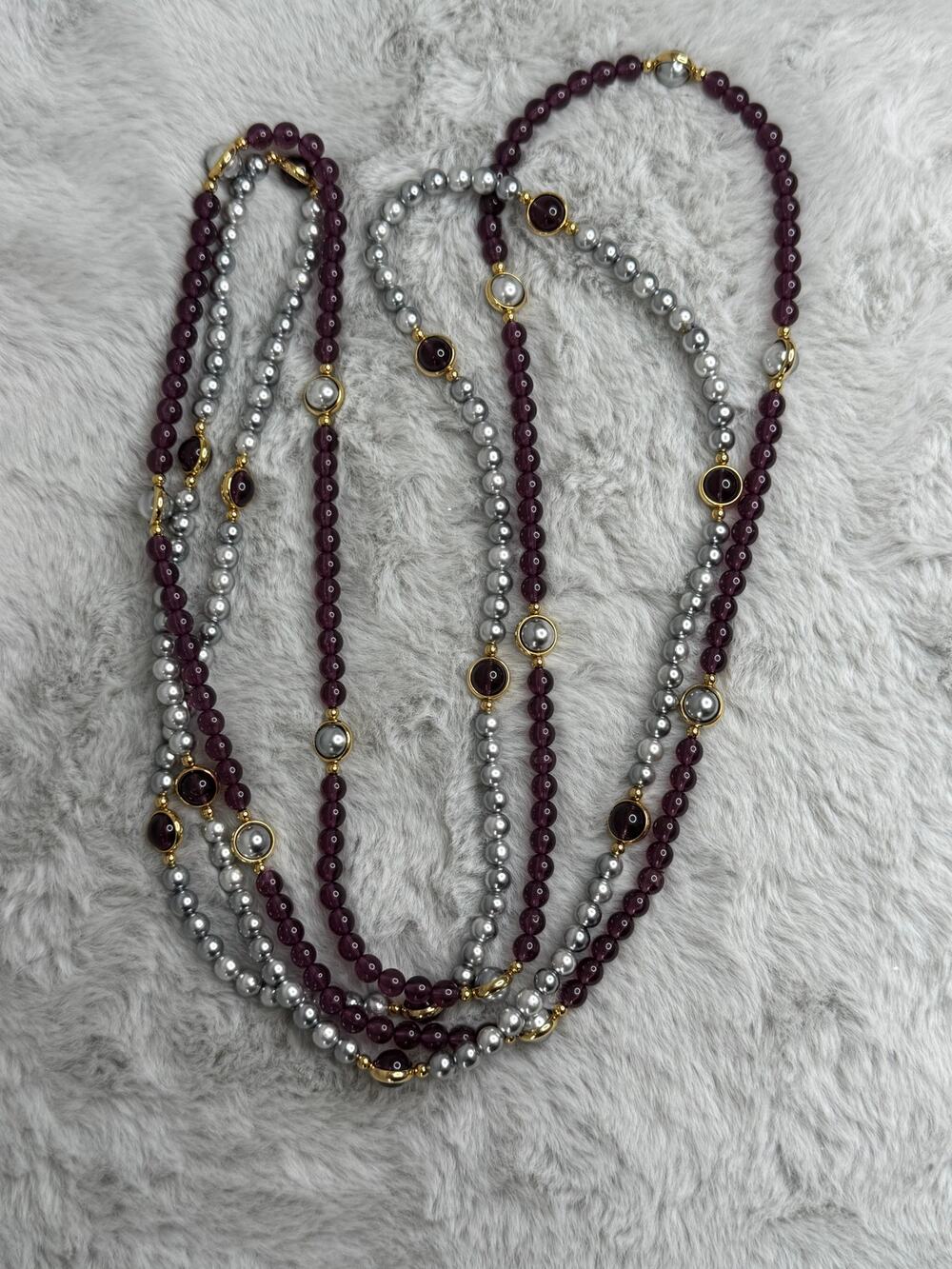 2pc Vintage Faux Pearl & Plum Bead Necklaces Set Gold Tone Accents 38” Each